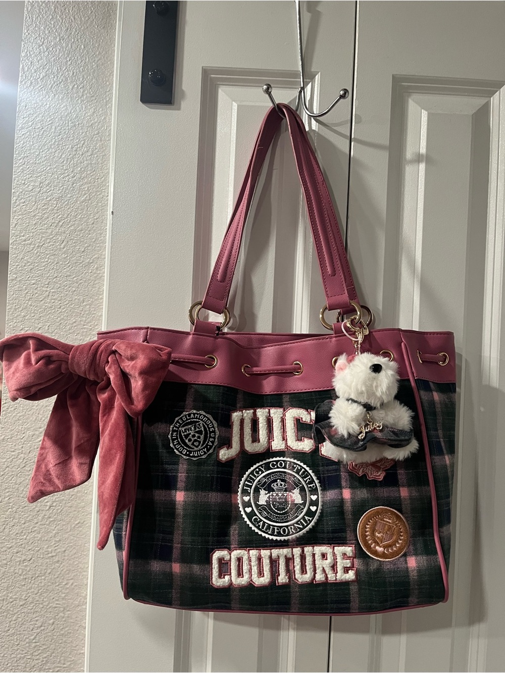 Juicy Couture Pink and Black Plaid Tote with Bow and Plush Charm